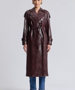 Croc-Embossed Faux Leather Belted Maxi Trench Coat