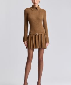 Drop-Waist Pleated Mini Sweater Dress