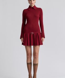 Drop-Waist Pleated Mini Sweater Dress