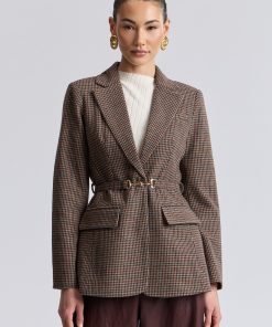 Houndstooth Belted Blazer - Brown Multi / M