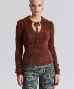 Fuzzy Pointelle Tie-Neck Collared Sweater