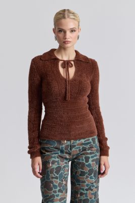 Fuzzy Pointelle Tie-Neck Collared Sweater