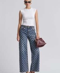 Embroidered Stretch Cotton Wide-Leg Jeans - Cafe Wash-Amara Tile / 30