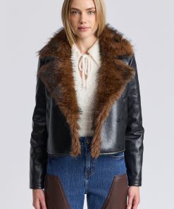 Faux Fur-Trimmed Faux Leather Cropped Jacket