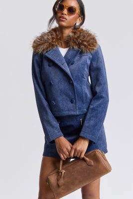 Faux Wool Detachable Faux Fur Collar Peacoat