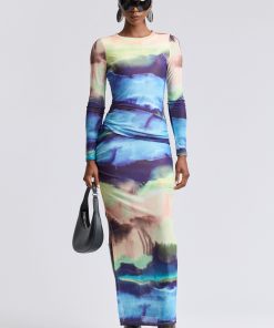 Printed Mesh Ruched Maxi Dress