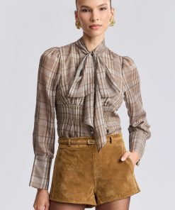 Plaid Tie-Neck Blouse