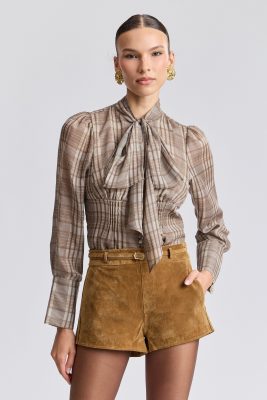 Plaid Tie-Neck Blouse
