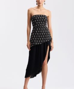 Embellished Tweed Strapless Asymmetrical Pleated Midi Dress - Black