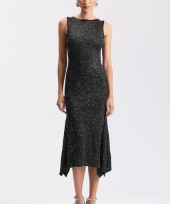 Sequin Knit Boat Neck Asymmetric Hem Midi Sweater Dress - Black