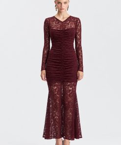 Stretch Lace Ruched V-Neck Mermaid Maxi Dress - Wine / 14