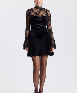 Stretch Velvet Lace Fit-and-Flare Mini Dress
