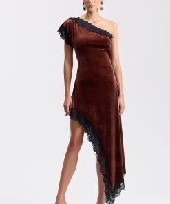 Stretch Velvet Asymmetrical Lace-Trim Maxi Dress - Chocolate / 12