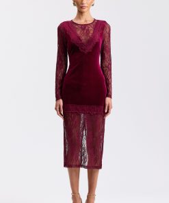 Stretch Velvet & Lace Long-Sleeve Midi Dress