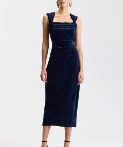 Pleated Textured Velvet Square-Neck Midi Dress