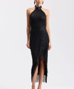 Embellished Mesh Halter Fringe Midi Dress
