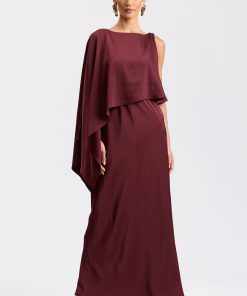 Satin Asymmetrical Cape-Sleeve Maxi Dress
