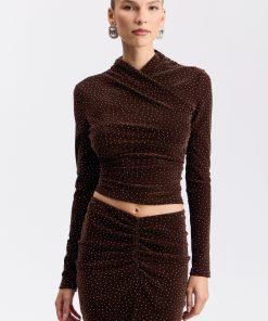 Sequin Knit Wrap Neck Long Sleeve Top - Brown / XL