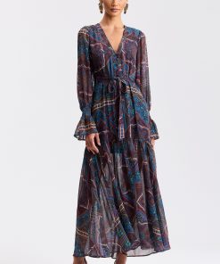 Printed Crinkle Chiffon Lace-Up Deep-V Maxi Dress - Jewel Souk / 2