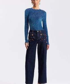 Stretch Denim Rhinestone-Embellished Wide-Leg Jeans