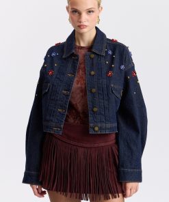 Stretch Denim Rhinestone-Embellished Cropped Trucker Jacket