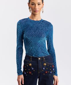 Burnout Velvet Mesh Long-Sleeve Top - Turquoise / S