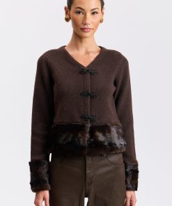 Faux Fur-Trimmed Frog-Closure Cardigan