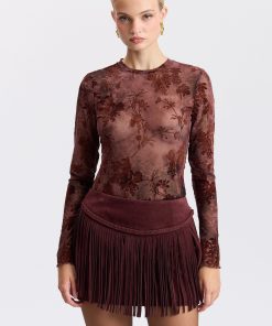 Stretch Mesh Floral Long-Sleeve Top - Wine Multi / L
