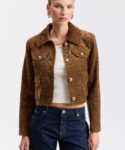 Flocked Floral Jacquard Cropped Jacket - Cognac / L