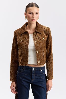 Flocked Floral Jacquard Cropped Jacket - Cognac / M
