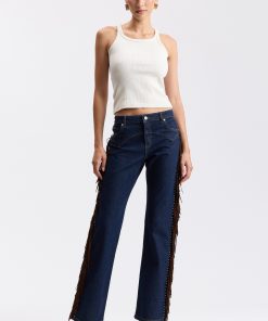 Low-Rise Stretch Denim Studded Fringe Bootcut Jeans - Dark Indigo Rinse Denim
