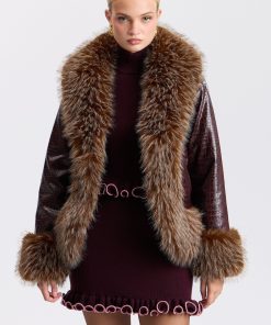 Croc-Embossed Faux Leather Faux-Fur Cocoon Jacket