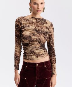 Burnout Cheetah Ruched Funnel-Neck Top