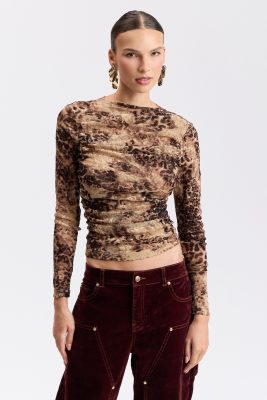 Burnout Cheetah Ruched Funnel-Neck Top