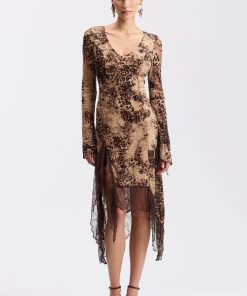 Lace-Trim Asymmetrical Midi Dress - Burnout Cheetah / L