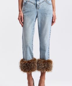 High-Rise Stretch Denim Faux-Fur Cuff Straight-Leg Jeans