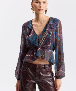 Printed Crinkle Chiffon Ruffle Deep-V Peplum Top - Jewel Souk / S