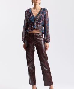 Croc-Embossed Faux Leather Straight-Leg Pants