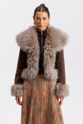 Faux-Suede Jacket With Faux-Fur Trim - Brown/Fawn / XL