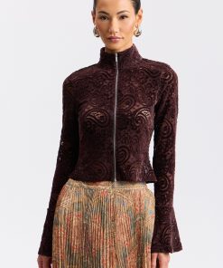 Stretch Chenille Lace Zip-Front Top
